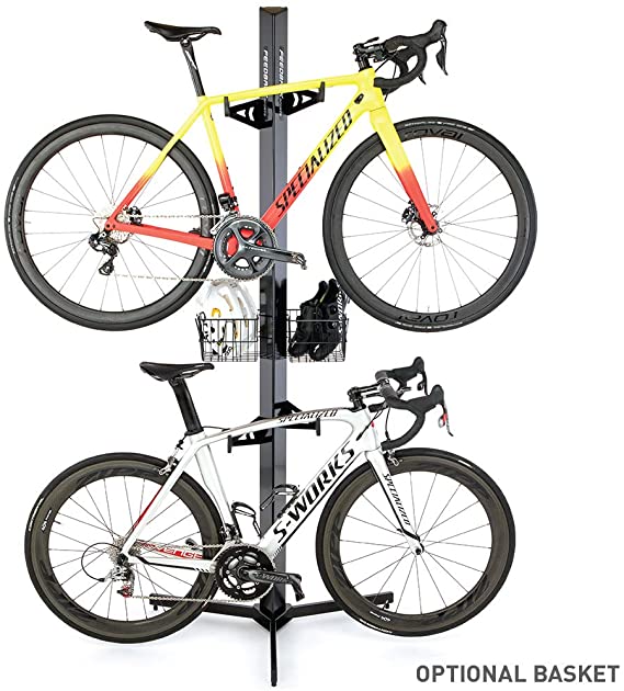 Double bike rack with storage basket