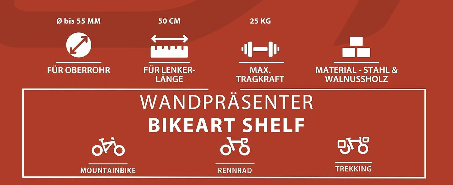 CONTEC bikeART Wall Presentation Shelf — Steel & Walnut Wood Bike Display Mount