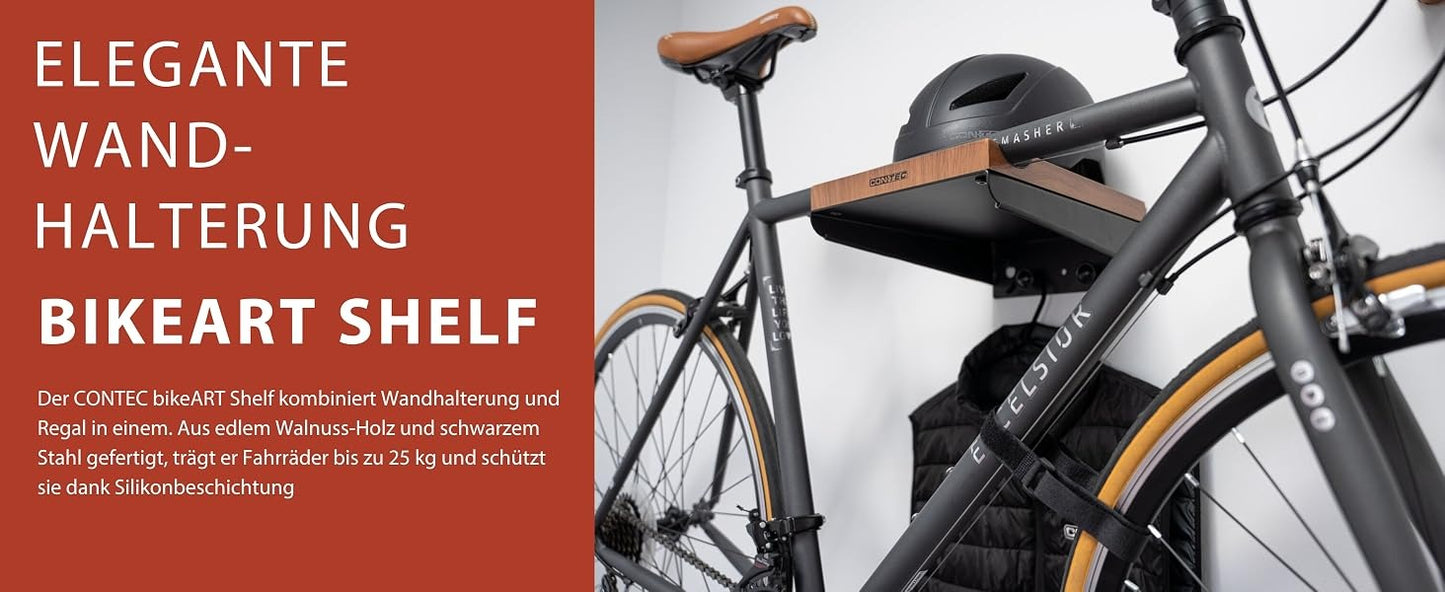 CONTEC bikeART Wall Presentation Shelf — Steel & Walnut Wood Bike Display Mount