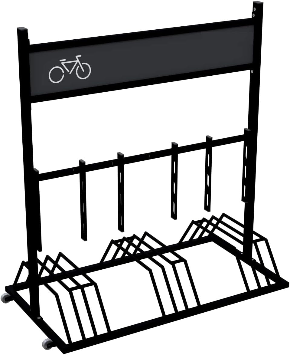 Mobile 6-Bike Stand with Advertising Sign & Transport Wheels — Galvanised Steel