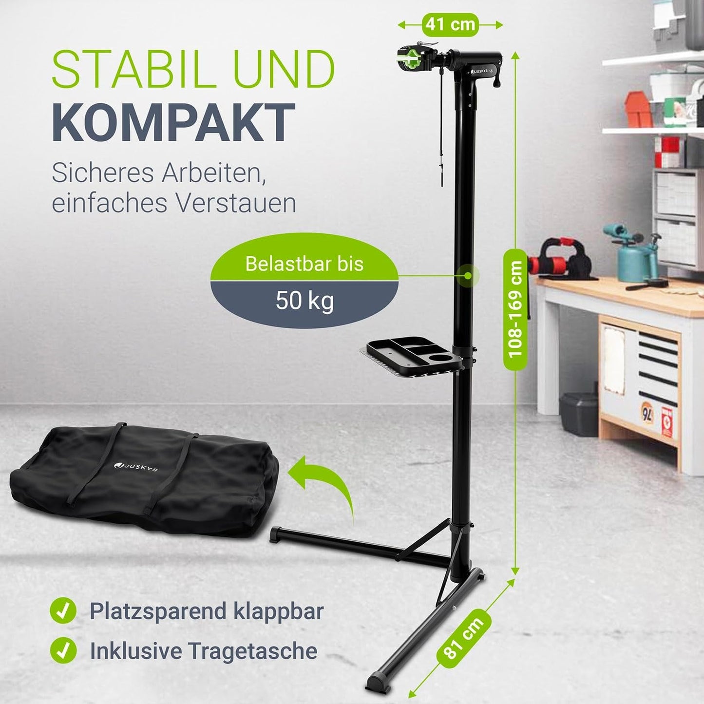 Bicycle Repair Stand — Up to 50kg, Foldable & Height Adjustable, 360° Rotatable Clamp Head for E-Bikes & 24-29 Inch Bikes