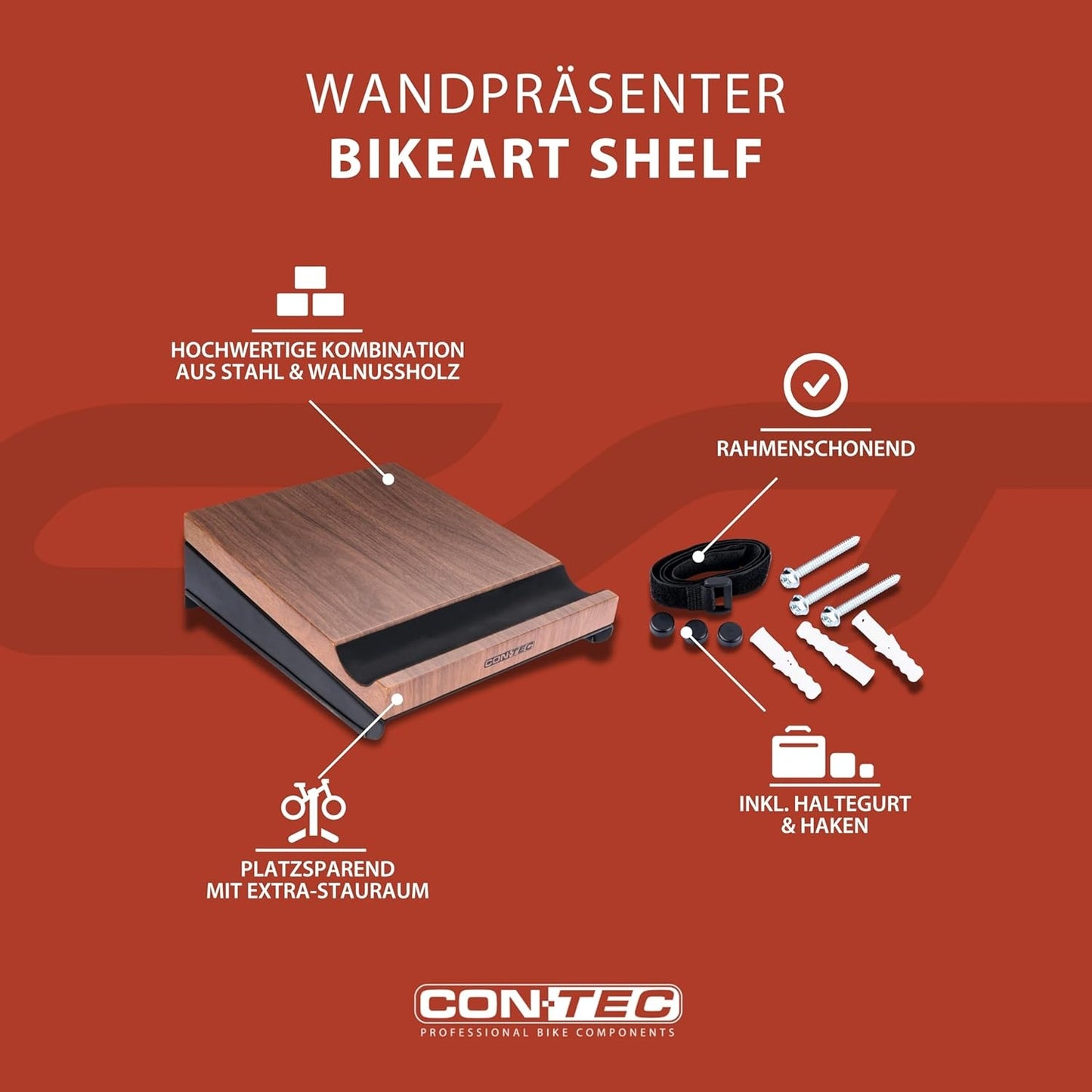 CONTEC bikeART Wall Presentation Shelf — Steel & Walnut Wood Bike Display Mount