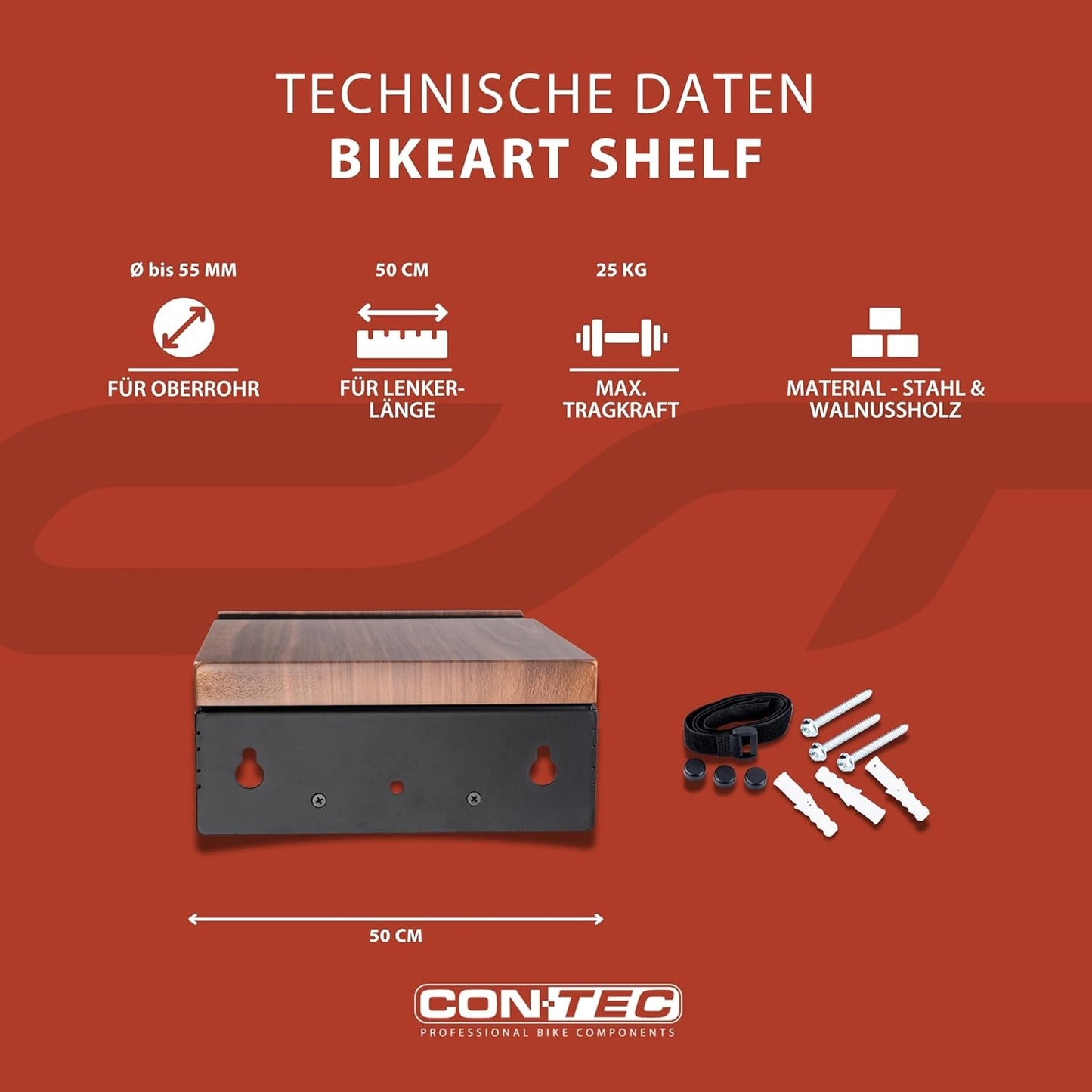 CONTEC bikeART Wall Presentation Shelf — Steel & Walnut Wood Bike Display Mount