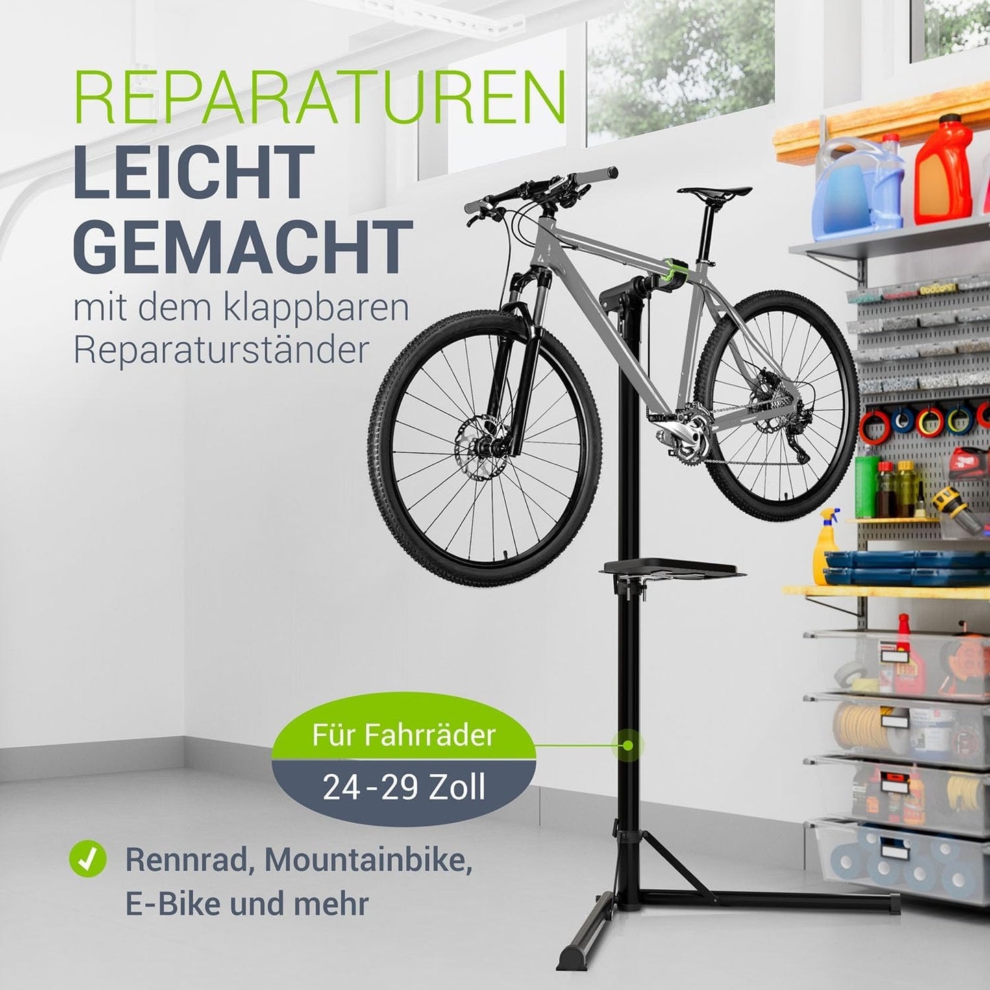 Bicycle Repair Stand — Up to 50kg, Foldable & Height Adjustable, 360° Rotatable Clamp Head for E-Bikes & 24-29 Inch Bikes