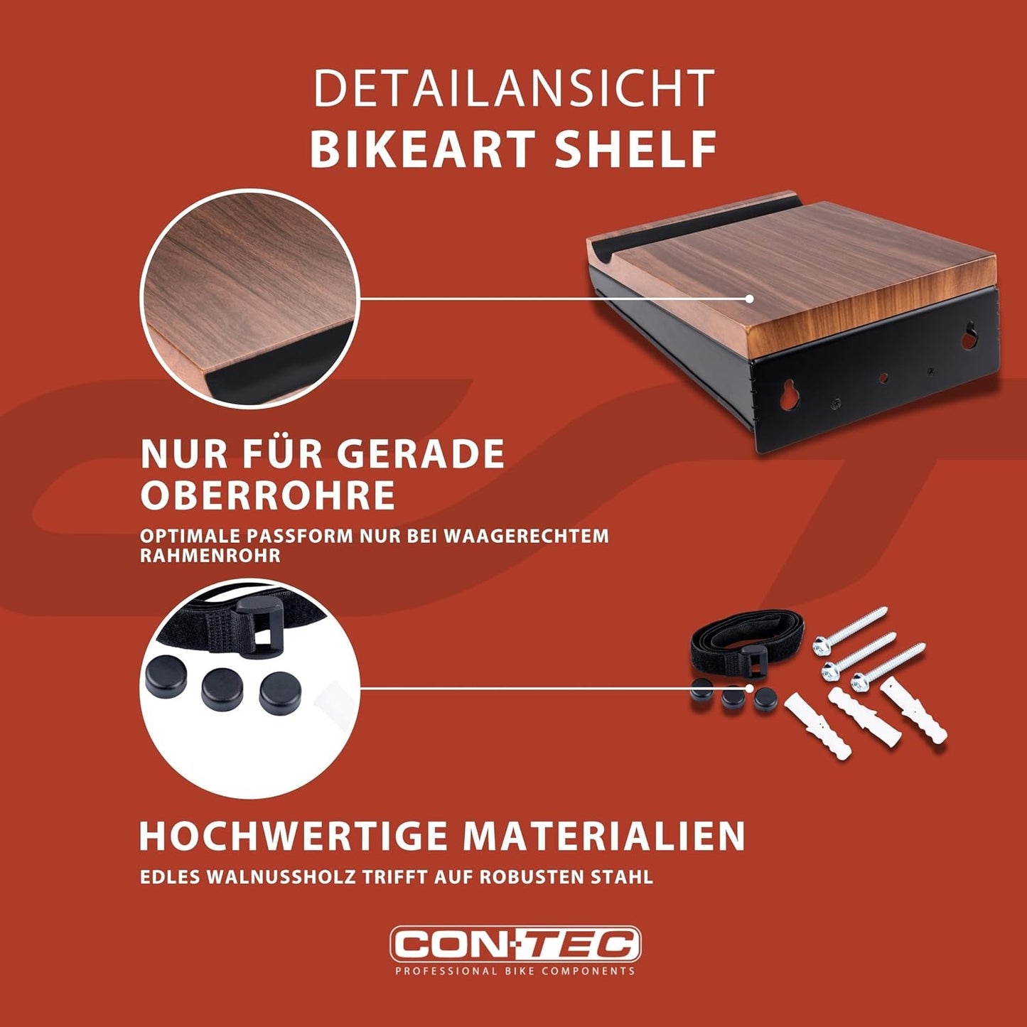 CONTEC bikeART Wall Presentation Shelf — Steel & Walnut Wood Bike Display Mount