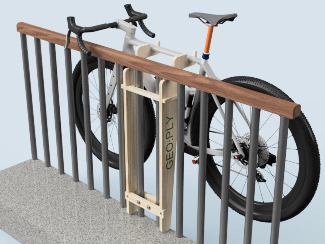 Glued wood plank railings fixed bicycle storage racks